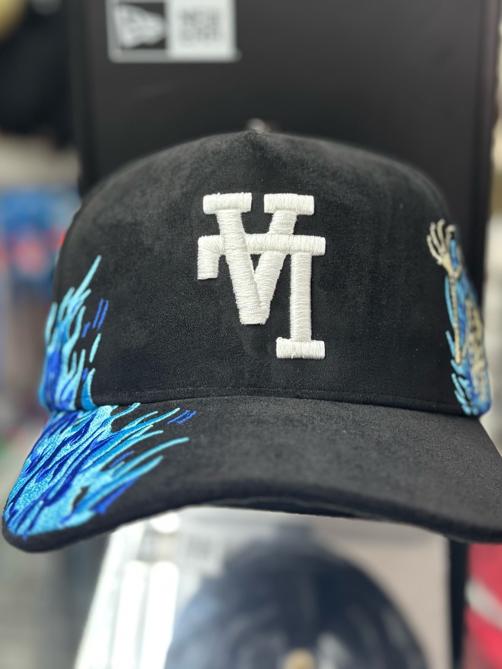 Los Angeles Dodgers All Black Suede Blue Flames SnapBack Hat